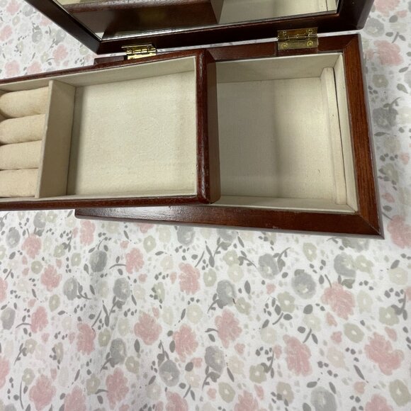 Small Wooden Jewelry Box - Embroidered Inlay - Removable tray - Picture 7 of 16